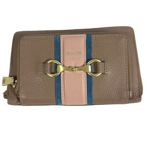 J.W. Hulme Co. Brown Pebbled Leather Horsebit Zip Around Wallet Pink Blue Stripe